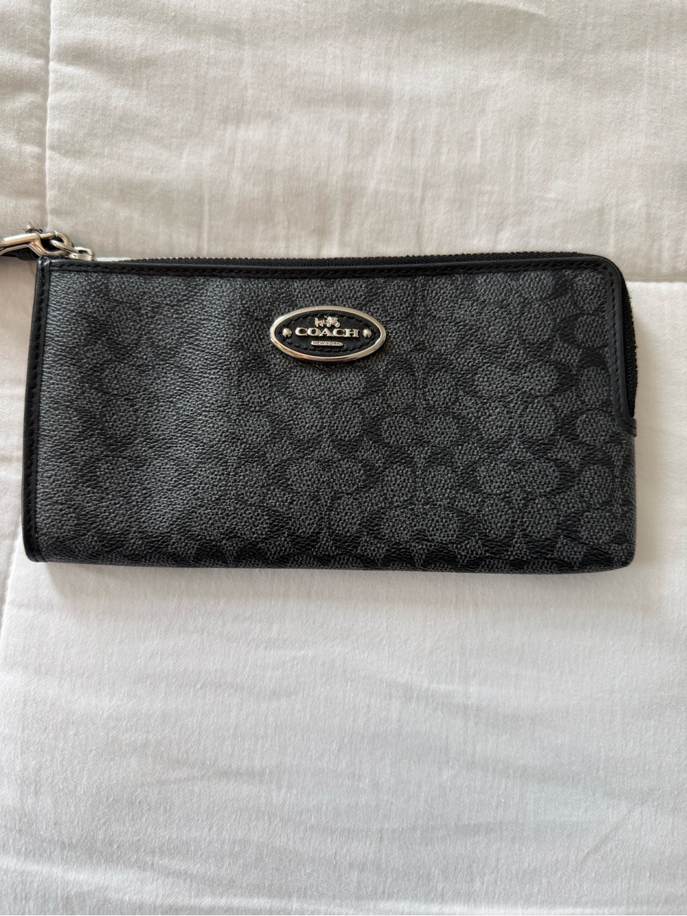 Coach Black Signature Zip Wallet with Silver Logo